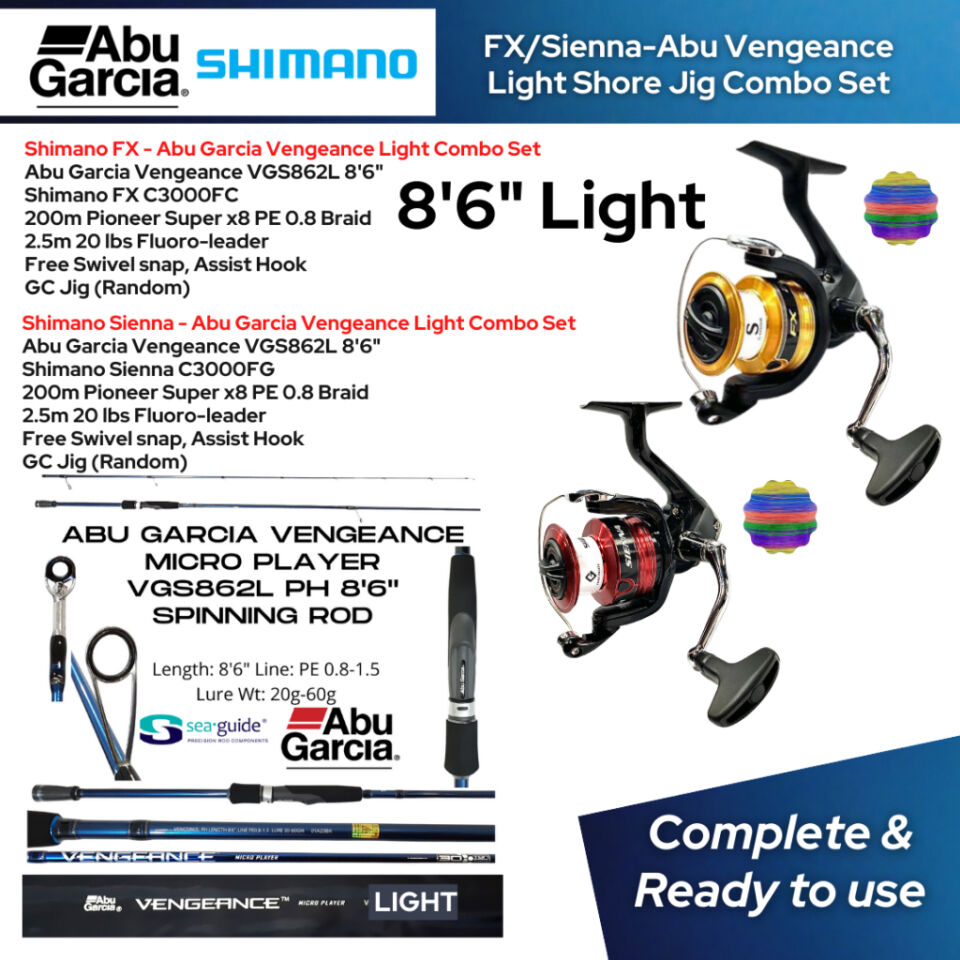 Shimano Abu Garcia Vengeance L Light Action 8’6 8ft 6in Shore Jigging Casting Combo Set Fishing